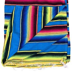 Mexican Serape Blanket Throw Vibrant Multicolor Stripes And Fringe 57 x 82